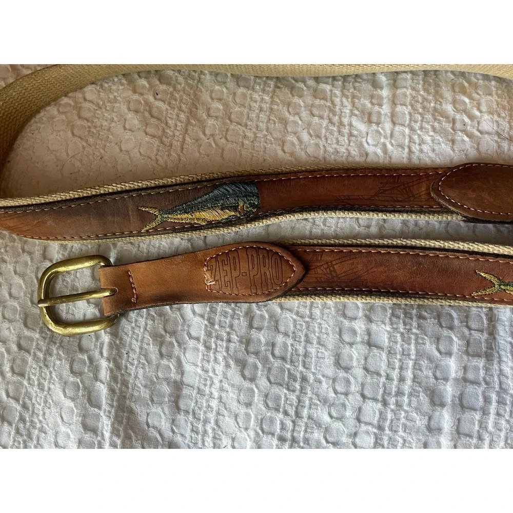 Zep Pro Leather Brass Buckle Embroidered Fish  Belt -44